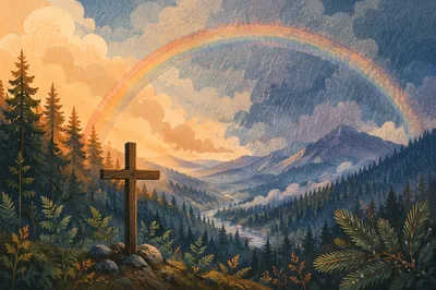 Rainbow Over Storm Washed Evergreen Valley