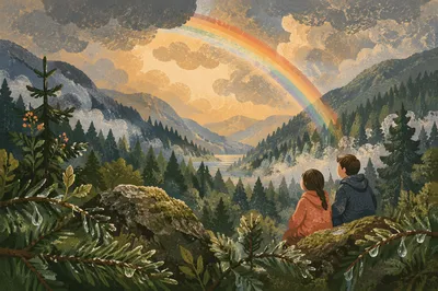 Rainbow Over Rain-Washed Evergreen Valley