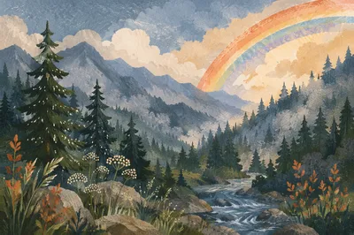 Rainbow Over Rain-Washed Evergreen Valley