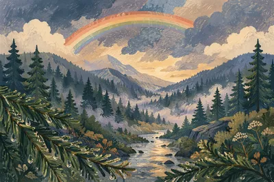 Rainbow Over Evergreen Valley After Storm