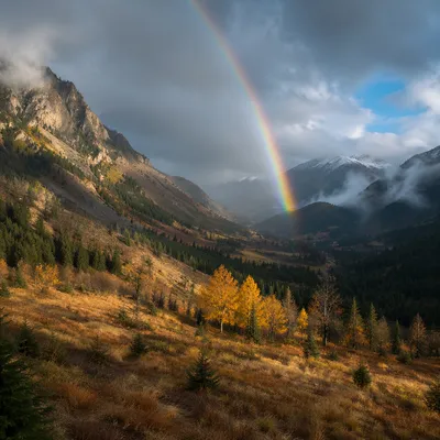 Rainbow Over Peaceful Mountain Valley