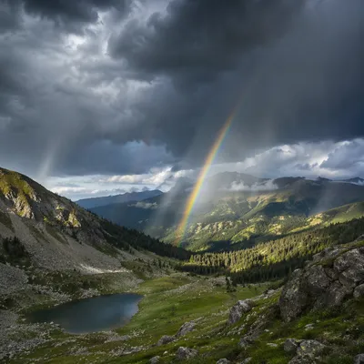 Rainbow Over Stormy Evergreen Mountain Valley