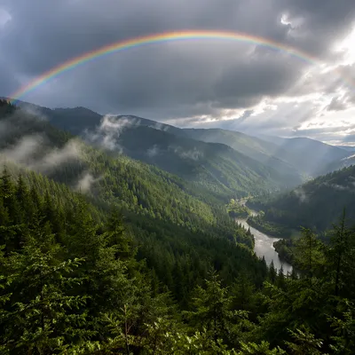 Rainbow Over Evergreen Valley After Storm
