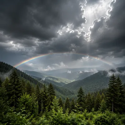 Rainbow Over Evergreen Valley After Storm