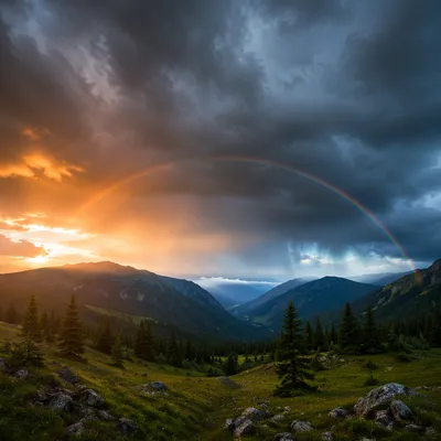Rainbow Over Stormy Evergreen Valley