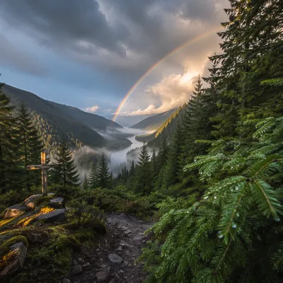 Rainbow Over Peaceful Evergreen Valley