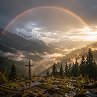 Rainbow Over Misty Evergreen Valley Cross