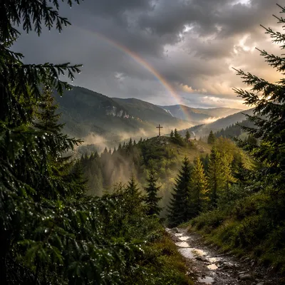 Rainbow Over Storm-Washed Evergreen Valley