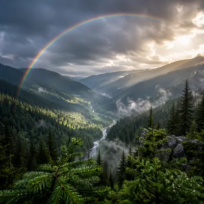 Rainbow Over Evergreen Valley After Storm
