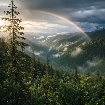 Rainbow Over Evergreen Valley After Storm