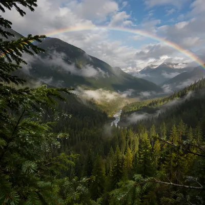 Rainbow Over Evergreen Valley After Storm