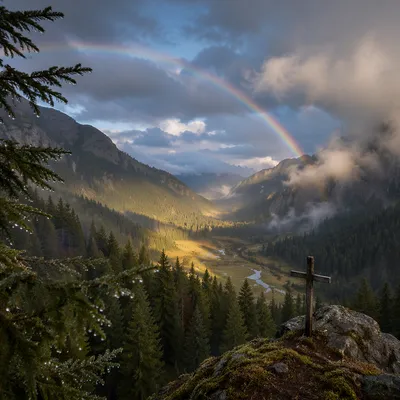 Rainbow Over Evergreen Valley After Storm