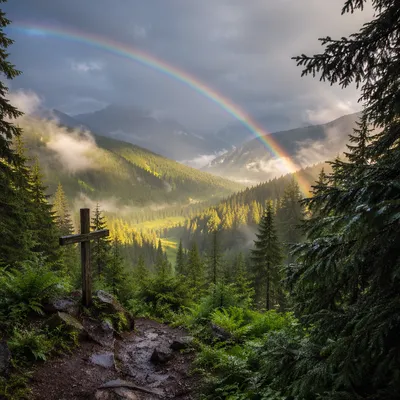 Rainbow Over Evergreen Valley After Storm