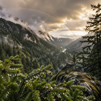 Rainbow Over Evergreen Valley After Storm