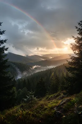Rainbow Over Evergreen Valley After Storm