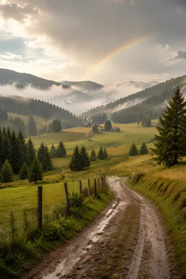 Rainbow Over Misty Evergreen Valley