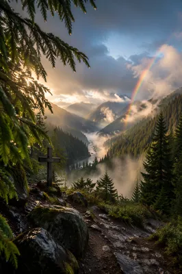 Rainbow Over Peaceful Evergreen Valley