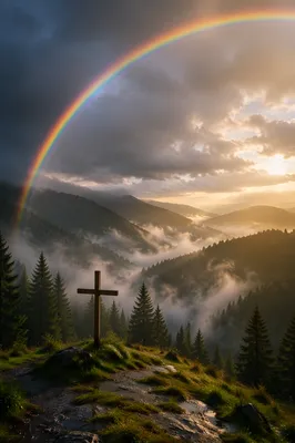 Rainbow Over Misty Evergreen Valley Cross