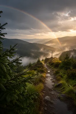 Rainbow Over Evergreen Valley After Storm