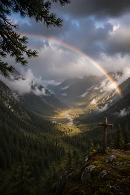 Rainbow Over Evergreen Valley After Storm