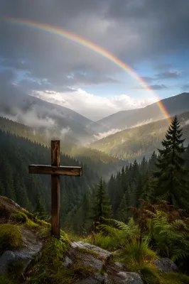 Wooden Cross Beneath Rainbow Over Evergreen Valley