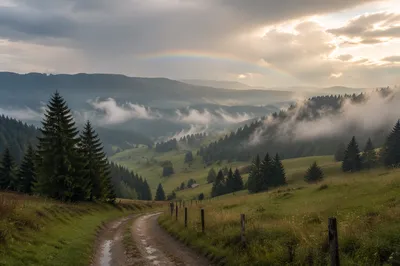 Rainbow Over Evergreen Valley After Storm