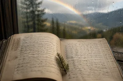 Open Vintage Journal with Rainbow View