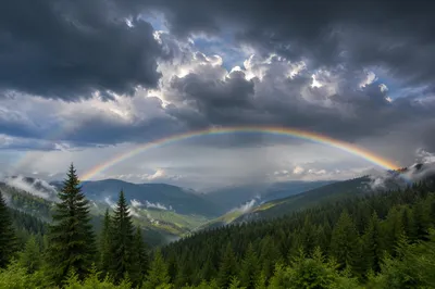 Rainbow Over Evergreen Valley After Storm
