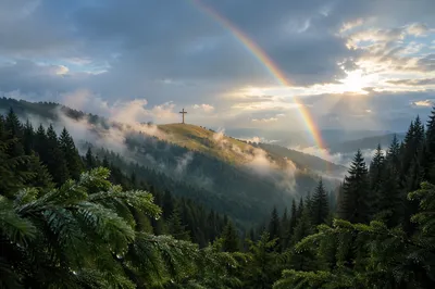 Rainbow Over Stormy Evergreen Valley Cross