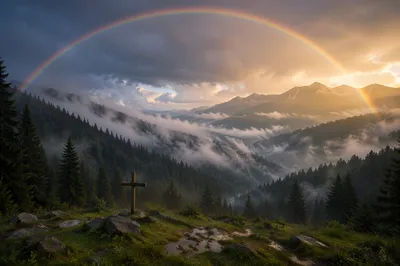 Rainbow Over Misty Evergreen Valley Cross