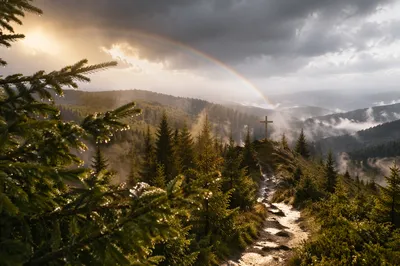 Rainbow Over Storm Washed Evergreen Valley