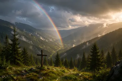 Rainbow Over Evergreen Valley After Storm