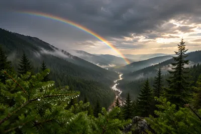 Rainbow Over Evergreen Valley After Storm