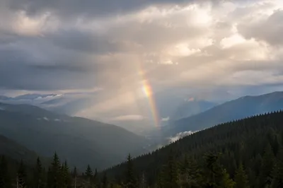 Hopeful Rainbow Over Stormy Evergreen Valley