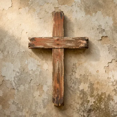 Rugged Wooden Cross on Aged Plaster Wall