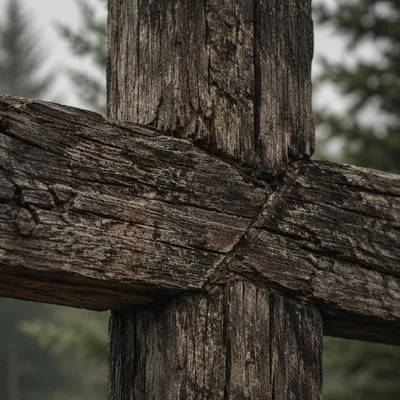 Weathered Wooden Cross with Evergreen Texture
