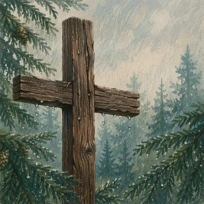 Rugged Cedar Cross Among Evergreen Branches