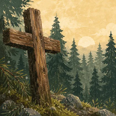 Rugged Wooden Cross in Evergreen Dawn