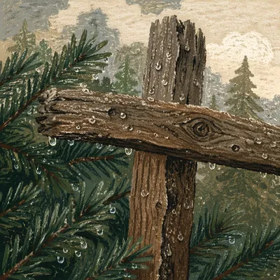 Rugged Wooden Cross Among Evergreen Branches