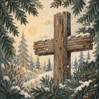 Rugged Wooden Cross Among Evergreen Branches