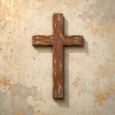 Weathered Wooden Cross on Aged Plaster