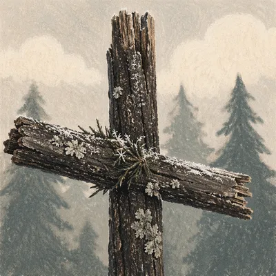 Rugged Wooden Cross in Evergreen Forest