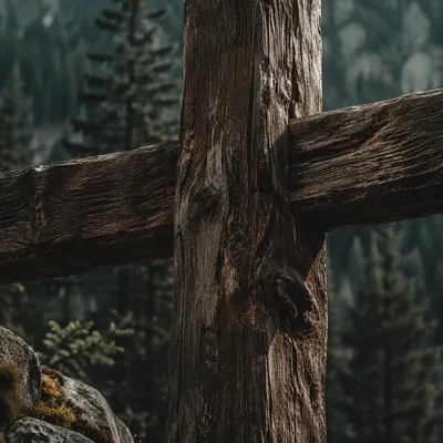 Rugged Wooden Cross in Evergreen Forest