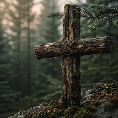 Rugged Wooden Cross in Evergreen Dawn