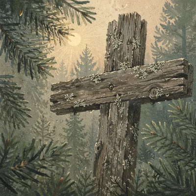 Rugged Wooden Cross Among Evergreen Branches