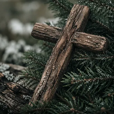 Rugged Wooden Cross Among Evergreen Branches