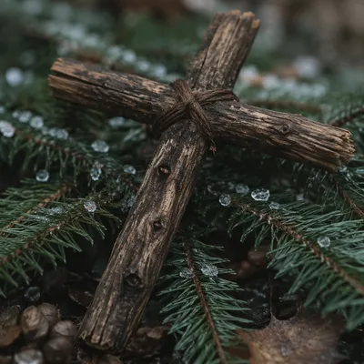 Weathered Wooden Cross Among Evergreen Branches