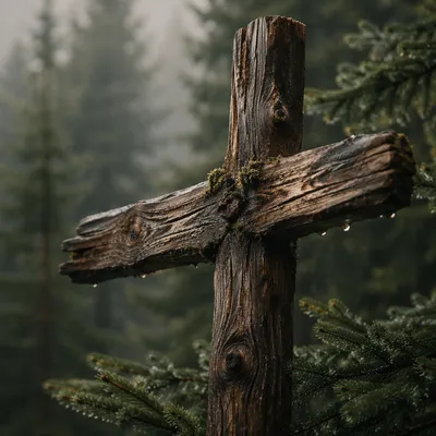 Rugged Wooden Cross in Evergreen Forest