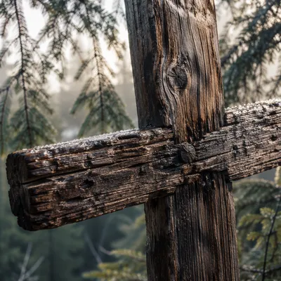 Rugged Wooden Cross in Misty Evergreen Forest