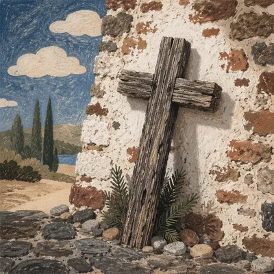 Weathered Cross with Evergreen Stone Wall